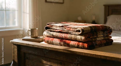 Stacked Plaid Blankets on Wooden Headboard