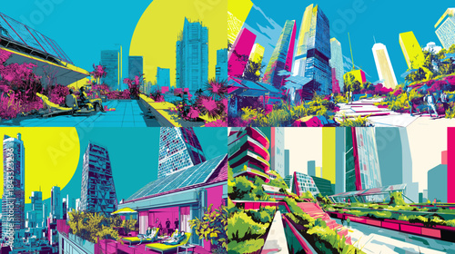 Modern futuristic city skyline with colorful skyscrapers and bright sunlight. Vibrant urban landscape showing innovation, architecture, and future design.