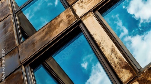 Intersecting window patterns create an abstract view of the sky and building reflections on a bright day in an urban setting