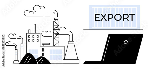 Global trade, export logistics, supply chain, manufacturing, industry processes, commerce. A factory with chimneys near coal piles and a laptop with an export container. Global trade and export
