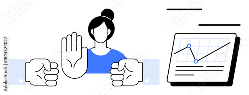 Woman raising hand to stop two fists, next to analytics chart. Ideal for conflict resolution, negotiation, teamwork, leadership, communication, decision-making nonverbal communication. A simple flat