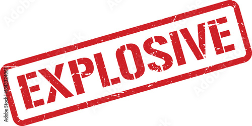 Distressed Red Explosive Stamp on White Background, Angled Rectangle Shape with Rounded Corners
