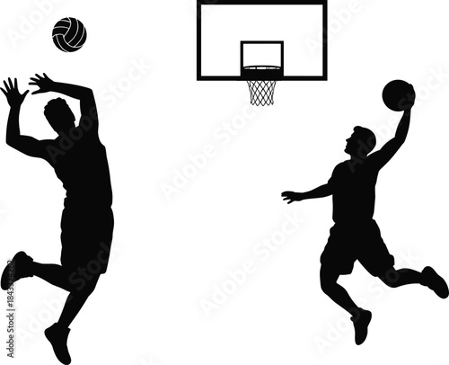 Dynamic sports silhouettes of volleyball player spiking ball and basketball athlete dunking hoop, energetic athletic teamwork and competition scene