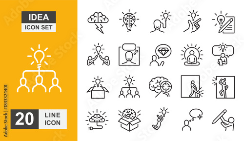 Idea icon set. Brain, innovation, light bulb, mind, goal, growth and more line icon.