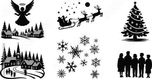 Festive holiday silhouettes featuring angel, Santa sleigh with reindeer, decorated Christmas tree, snowy village, snowflakes, and children together