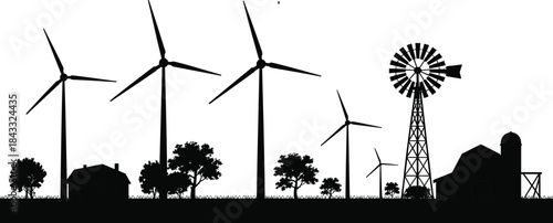 Rural farm silhouette with modern wind turbines, traditional windmill, barn, silo, house, trees, grass highlighting renewable energy integration