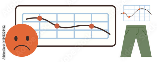 Red frowning face, line graph showing decline, pants, and small graph inset. Ideal for retail, business trends, economic downturn, loss, failure clothing sales simple flat metaphor