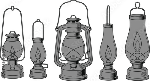 Silhouettes of five traditional oil lanterns side by side, vintage lighting designs highlighting history, culture, and decorative artwork