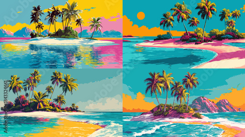 Colorful tropical islands with palm trees, turquoise water, and bright skies. Relaxing beach landscapes capturing vibrant coastlines and serene island scenery.