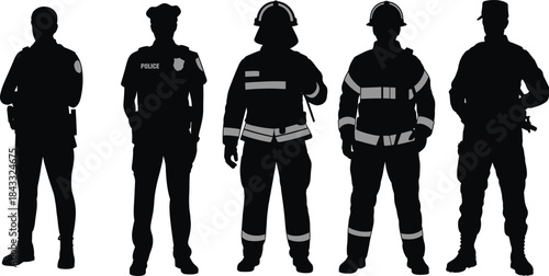 Silhouettes of police officers, firefighters, and tactical personnel standing together, representing public safety, emergency response, and protective teamwork