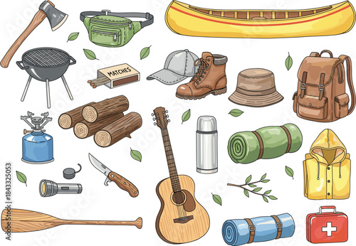 A modern, flat illustration collection of essential camping, hiking, and outdoor adventure equipment, including a canoe, sleeping bag, grill, axe, and first aid kit, for travel design.