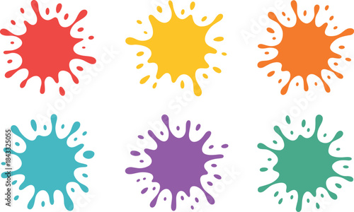 A vibrant, high-detail collection of six large, isolated paint splatters in rainbow colors, essential vector elements for children's posters, party invitations, and artistic design projects.