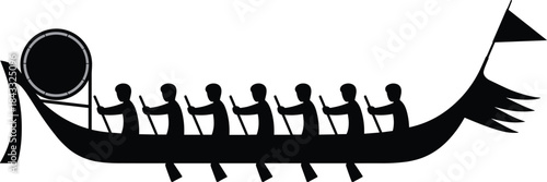 Traditional dragon boat silhouette with drummer and paddlers, cultural teamwork racing scene, decorative flag and dragon tail design