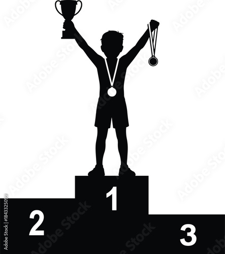 Winner podium silhouette with champion holding trophy and medals, celebrating first place achievement, success recognition, and competitive sports victory
