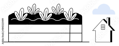 Sustainable living, urban gardening, environmental care, agriculture, eco-friendly farming, housing concepts. A raised garden bed with plants, a house and a cloud. Urban gardening and sustainability
