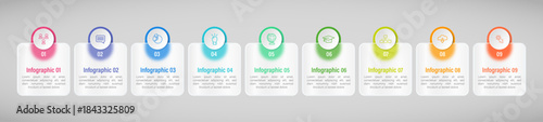 Infographic template 9 step timeline colorful  isolated background, Glass morphic flat simple design. presentation graph. Business workflow layouts creator 9 options 