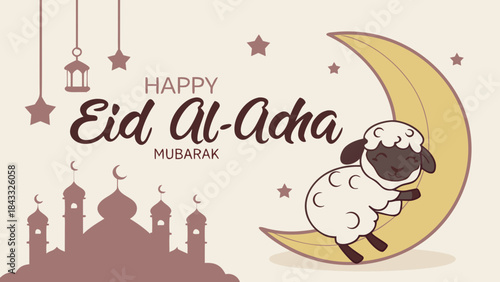 A sheep hugging a crescent moon with word 'Happy Eid Al-Adha Mubarak', symbolizing the Eid Adha celebration concept. Suitable for marketing or business purposes