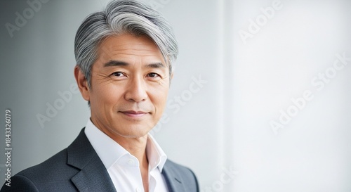 グレイヘアが似合う50代日本人男性ビジネスマンのクローズアップ