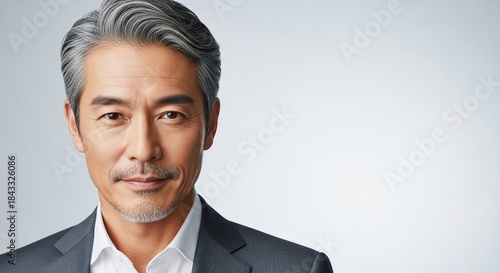 グレイヘアが似合う50代日本人男性ビジネスマンのクローズアップ