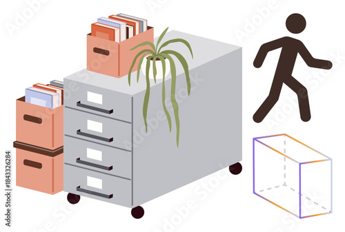 File cabinet with folders, stacked trays, potted plant, walking stick figure, geometric 3D cube shape. Ideal for organization, productivity, office workflow, order planning structure minimalist