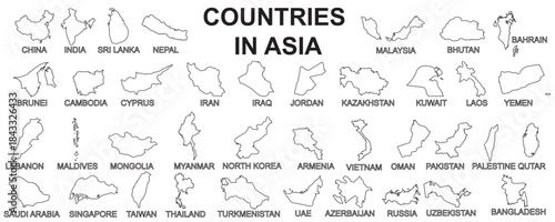 Vector outline map collection of Asia countries in black line style. Perfect for Asia geography infographics, educational materials, and presentations featuring Asia political boundaries and borders