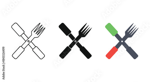Crossed knife and fork icons in different styles
