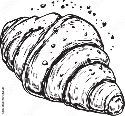 “Crumbed Croissant Vector – Black and White Flaky Pastry Illustration”