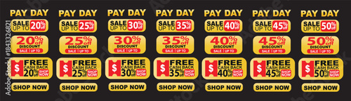 Payday Sale Badges Vector Set - 20, 25, 30, 35, 40, 45, 50 Percent Off Gold Red Discount Labels
