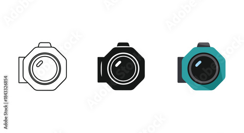 Camera lens icon set in different colors and styles