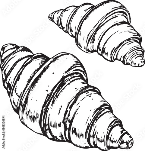 “Croissant Pair Vector – Black and White Layered Pastry Illustration”