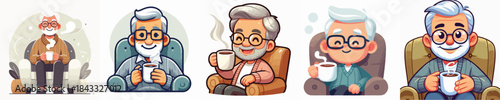  vector grandfather drinking coffee white background