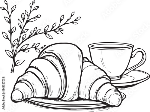 “Elegant Breakfast Vector – Black and White Croissants with Coffee and Leaf Illustration”
