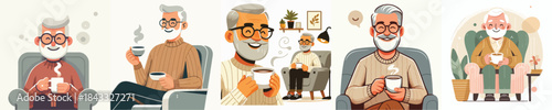  vector grandfather drinking coffee white background