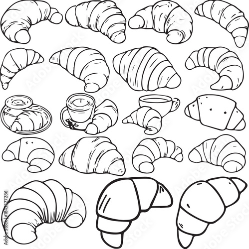 “Breakfast Vector Set – Black and White Croissants, Coffee, and Pastry Illustrations”