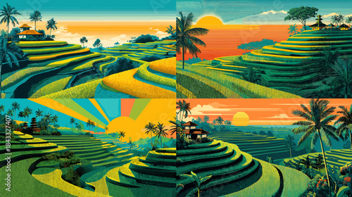 Vibrant terraced rice fields with tropical trees and warm sunlight. Scenic agricultural landscape showcasing lush hills, rural beauty, and colorful natural views.