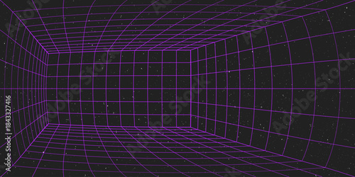 3D wireframe perspective grid room template design vector illustration background. Empty three dimensional virtual room perspective wireframe grid geometric sketch. Cyber virtual line interior frame.