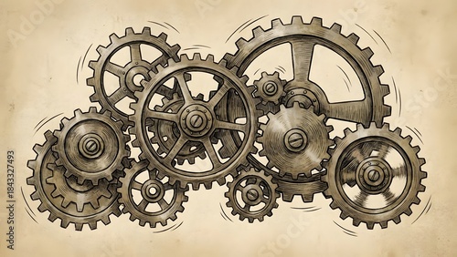 Interlocking Gears Mechanical System Engineering Concept.