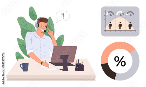 Customer service agent wearing headset at desk, speaking into microphone. Includes analytics bar graph and pie chart. Ideal for business, data analysis, customer service, teamwork, communication