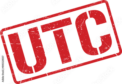 Red Distressed Rubber Stamp Showing the Letters UTC on White Background, Angled View