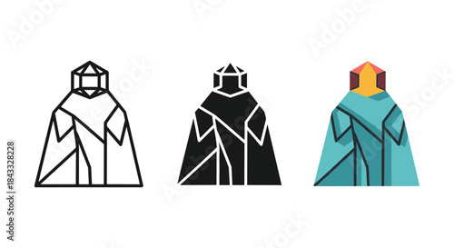 Geometric illustration of three robed figures with hoods