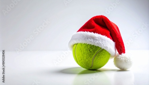 Tennis ball with Santa hat on white surface.