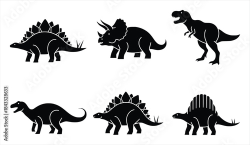 silhouette of a collection of six distinct dinosaur