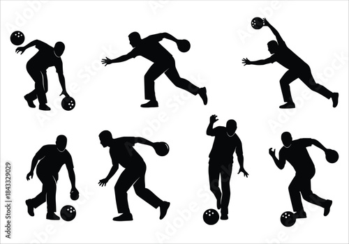 silhouettes of bowling players isolated on white background