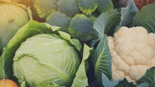 A close-up overhead shot of fresh, crisp cabbage and cauliflower with broccoli florets, showcasing healthy, vibrant vegetables