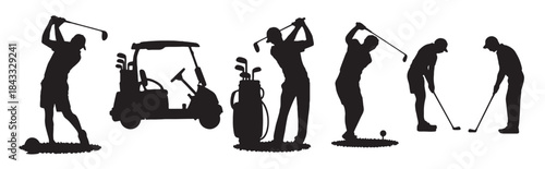 silhouettes of golfers playing golf in various positions