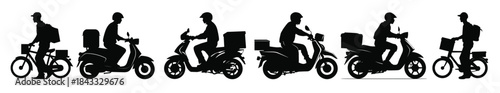 delivery man carrying a box on motorbike silhouettes clipart
