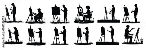 Silhouette artists painting outdoors in a collection