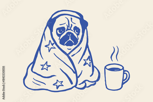 Pug dog in blanket with hot mug doodle vector illustration