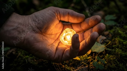 Hand Holding Small Glowing Light Source in Nature.