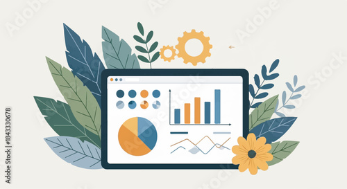 Sustainable Business Data Analysis Concept with Tablet, Charts, and Green Nature Leaves Illustration